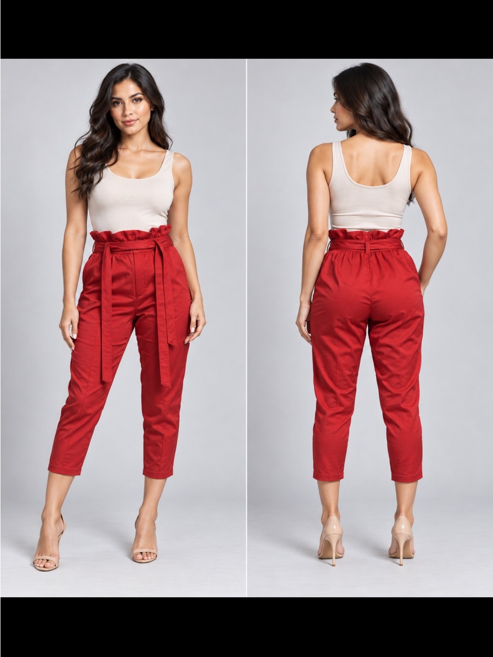 High-Rise Paperbag Tie Ankle Pants in Red